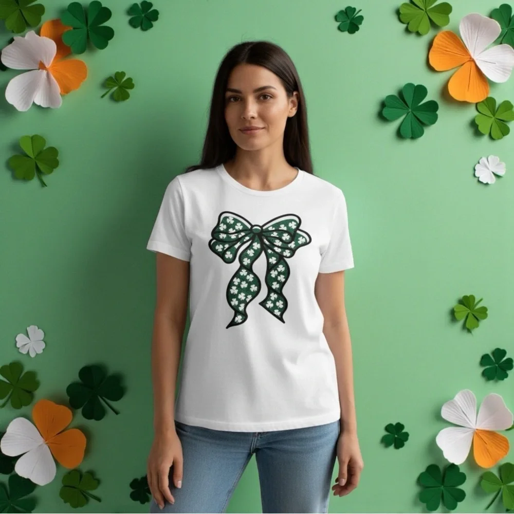 Bella Canvas🍀 St. Patrick’s Day White Tee 🍀Green Glitter Shamrock Bow🍀Size XL